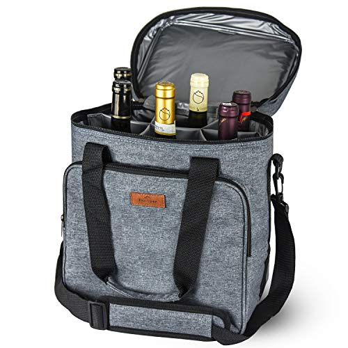 Insulated Wine Carrier 6 Bottle Bag Tote Removable Padded Divider Cooler