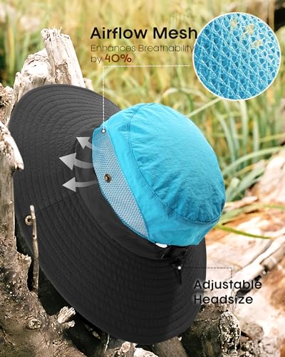 Womens Sun Hat with Ponytail Hole Beach Hiking Summer Wide Brim UPF 50+ Outdoor Protection Foldable Bucket Hat Blue