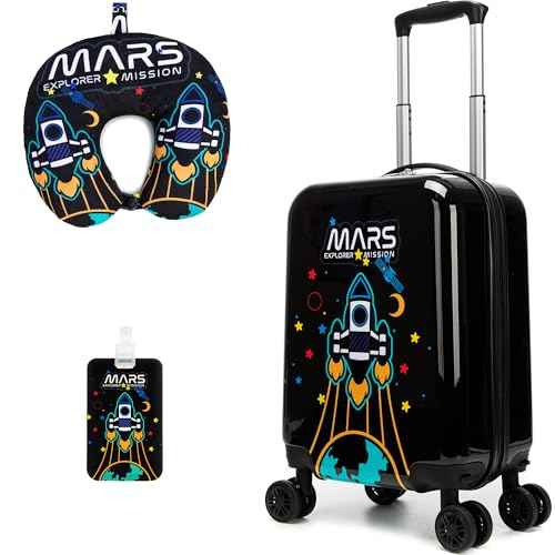 Kids Luggage Set Carry On Rolling Suitcase with U shaped Pillow Toddler Suitcase for Boys Travel Set Rocket Hardside Luggage with Spinner Wheels Airline Approved
