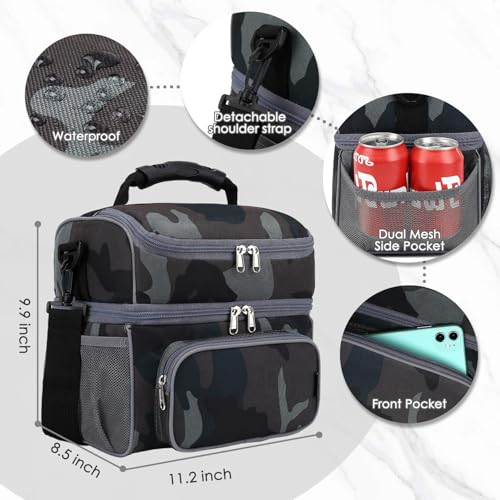 Double Layer Cooler Insulated Lunch Bag Adult Lunch Box Large Tote Bag for Men (Black#Camo)