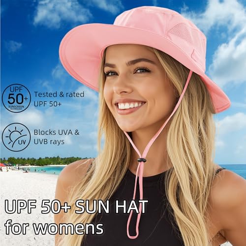 UPF 50+ Wide Brim Bucket Hat for Women Outdoor Quick Dry Safari Sun Hat Breathable UV Protection Fishing Hats Pink