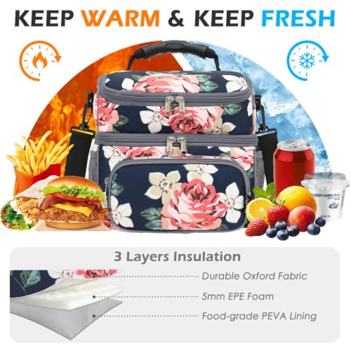 Double Layer Cooler Insulated Lunch Bag Adult Lunch Box Large Tote Bag for Men (Peony)