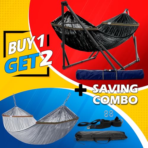 Combo x2 Hammocks with Stand for Outside & Tree Straps
