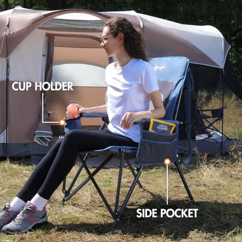 Oversized Folding High Back Portable Lawn Chairs for Adults Outdoor Camp Sports Hunting Fishing Backyard with Hard Armrest Cup Holder Carrying Strap
