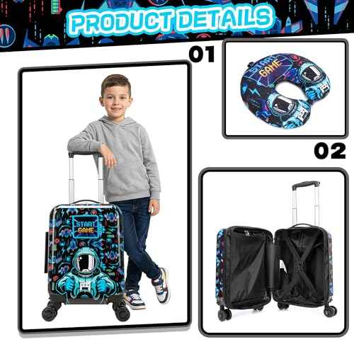 Kids Luggage Set Carry On Rolling Suitcase with U shaped Pillow Toddler Suitcase for Boys Travel Set Rocket Hardside Luggage with Spinner Wheels Airline Approved