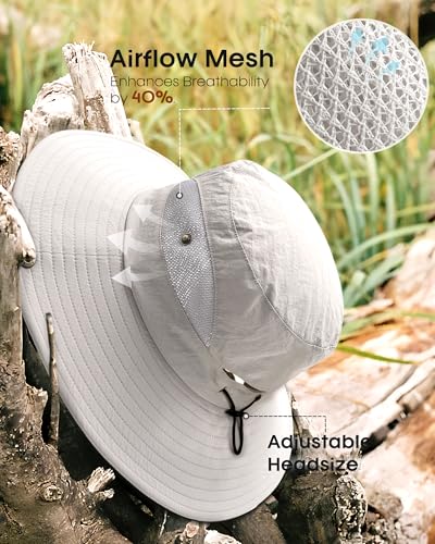 Womens Sun Hat with Ponytail Hole Beach Hiking Summer Wide Brim UPF 50+ Outdoor Protection Foldable Bucket Hat Light Grey