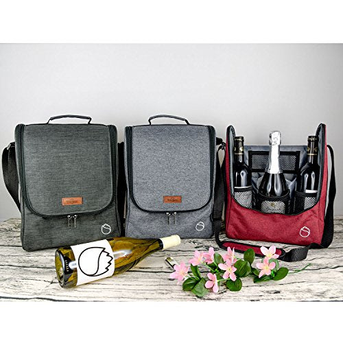 Insulated Wine 3 Bottle Carriers Tote Travel Cooler Gift Bag For Airplane Liquor With Padded Shoulder Strap
