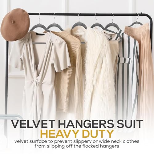 Premium Velvet Hangers 50 Pack Ultra Thin Non Slip Adult Felt Space Saving Slim Suit Hanger for Closet Heavy Duty Coat Pants Jackets Dress Hangers 360° Swivel Hook Hold Upto 10 lbs Gray (50 Count)