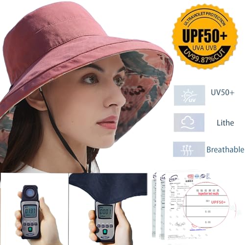 Womens Sun Hats Wide Brim Reversible Bucket Cotton Hat Packable Summer Travel Cap with Hat Clip