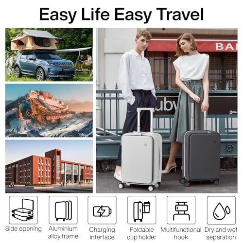 Carry On Luggage with Cup Phone Holder and Charger Hard Shell Suitcases with Spinner Wheels