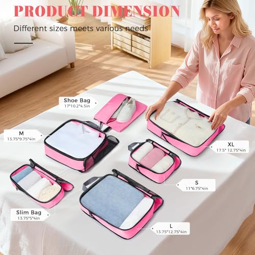 4 Set/6 Set/8 Set Compression Packing Cubes Travel Accessories Expandable Packing Organizers (Half Mesh, 6-Pink)