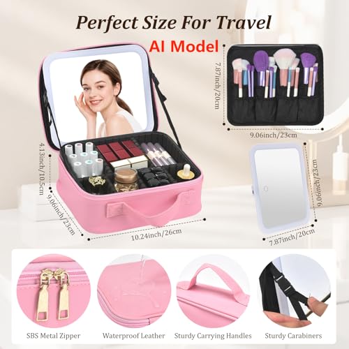 Travel Makeup Bag with Mirror & 6 Adjustable EVA Dividers