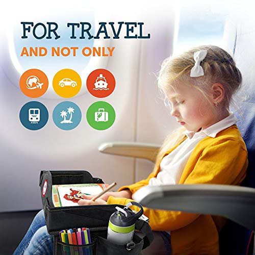 2-in-1 Kids Toddler Travel Tray & Back Seat Organizer — Foldable Waterproof Car Tray with Tablet Holder, Cup Holder, Storage Pockets for Road Trips & Airplane (Premium Black)