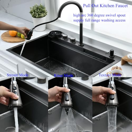 33x22 Black Waterfall Drop In Kitchen Sink with Fuacet Combo