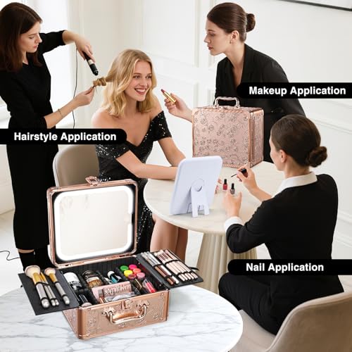Makeup Case with Magnetic Lighted Mirror Cosmetic Train Box Detachable LED Mirror Adjustable Brightness in 3 Colors Waterproof Storage Organizer Artist Suitcase with Dividers Brush Holder