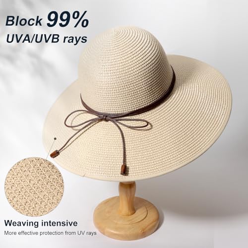 Womens Sun Straw Hat Bowknot Hat Summer Wide Brim Bucket Hats Foldable Beach Sun Hats Roll up UPF 50+