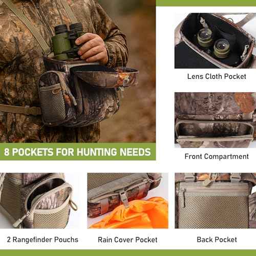 Large Capacity Binocular Chest Pack Bino Harness with Built in Rangefinder Pouch Water Resistant Rain Cover for Hunting