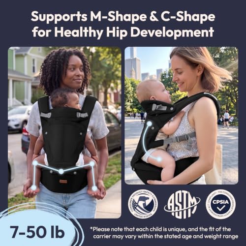 6-in-1 Baby Carrier with Hip Seat, Ergonomic Newborn to Toddler Carrier 7–50 lbs, Front Back Hip Carry, Lumbar Support, Sun Hood, Safety-Certified, Black