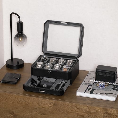 8 Slot Leather Watch Box with Valet Drawer
