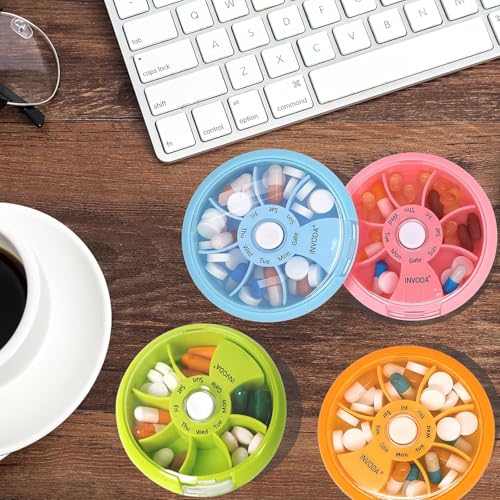 12PCS INVODA Weekly Pill Organizer 7 Compartment Rotating Daily Pill Box (12 Count)