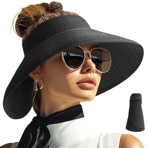 Sun Visor Hats for Women Wide Brim Straw Packable Beach Hat Black