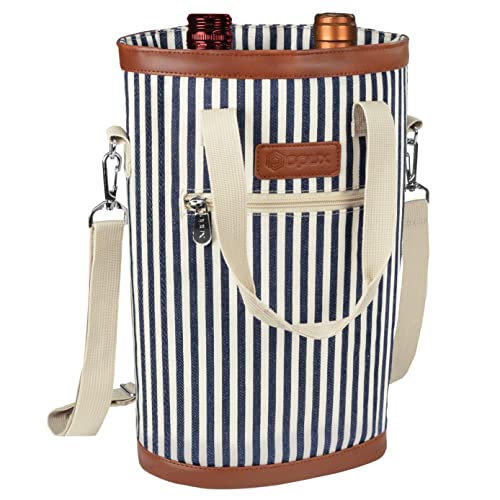 2 Bottle Wine Bag Carrier Insulated Leakproof Wine Cooler Navy Stripes (2 Count)