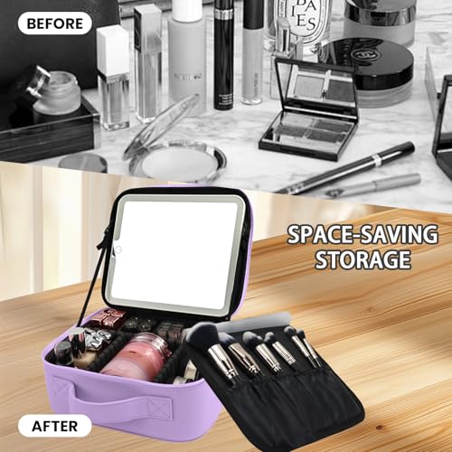 Travel Makeup Bag with LED Mirror and Light Travel Makeup Case Cosmetic Organizer Portable Cosmetic Brush Organizer Bag with Adjustable Dividers for Cosmetics Makeup Brushes Toiletry