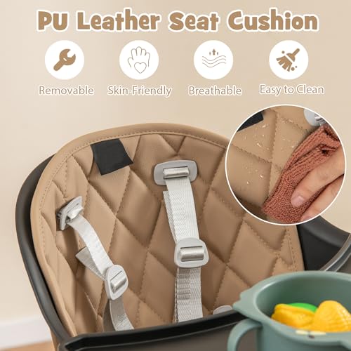6-in-1 High Chair, Convertible Highchair for Babies and Toddlers/Kids Chair Table Set/Infant Feeding Chair w/Safety Harness, PU Leather Cushion & Removable Food Tray (Coffee)