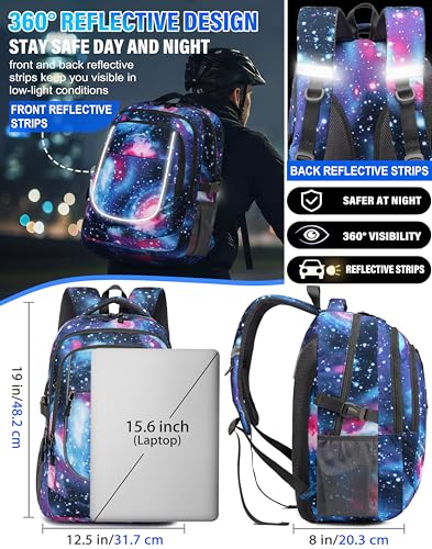 Galaxy Backpack Bookbag for College Sturdy Travel Business Hiking Fit Laptop Up to 15.6 Inch Multi Compartment Gifts for Men Women Night Light Reflective