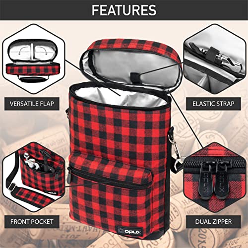 Insulated 2 Bottle Wine Bag Tote Leakproof Carrier Cooler Plaid Red