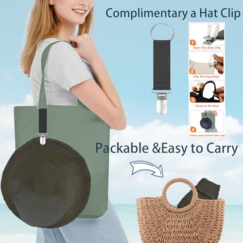 Womens Sun Hats Wide Brim Reversible Bucket Cotton Hat Packable Summer Travel Cap with Hat Clip