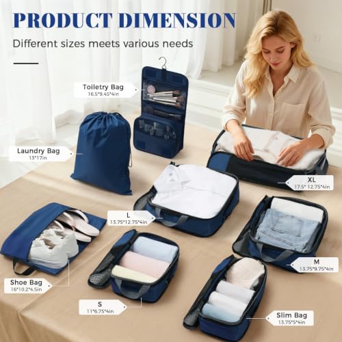 4 Set/6 Set/8 Set Compression Packing Cubes Travel Accessories Expandable Packing Organizers(HalfMesh,8-Navy)
