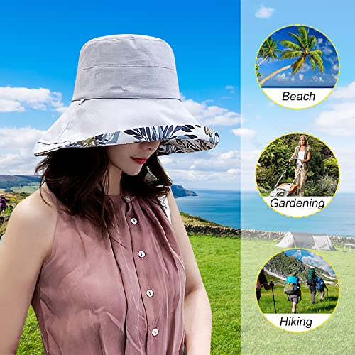Women Floral Reversible Wide Brim Sun Hats Summer UV Protection Hiking Fishing Hat Wired Edge Beach Garden Lawn Work Cap Chin Strap