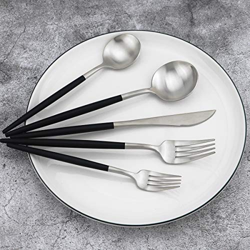 20-Piece 18/10 Stainless Steel Flatware Silverware, Luxury Dinnerware Set Travel Cutlery Tableware Include Knife Fork Spoon Service for 4, Dishwasher Safe (Black Handle Matte Silver) (4 Count)