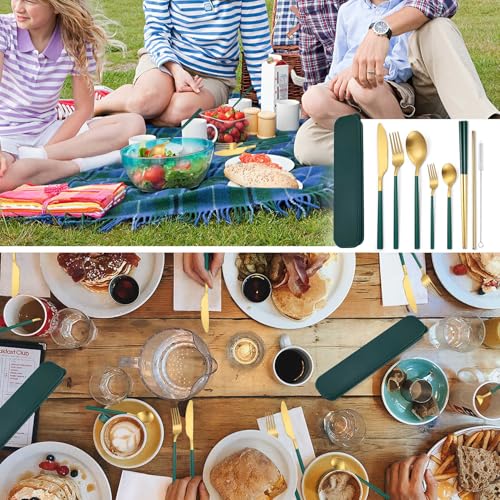 6 Pieces Stainless Steel Flatware Set Portable Reusable Cutlery Set Travel Utensils Set Including Chopsticks Knife Fork Spoon Straws Cleaning Brush Dishwasher Safe (8 Count)