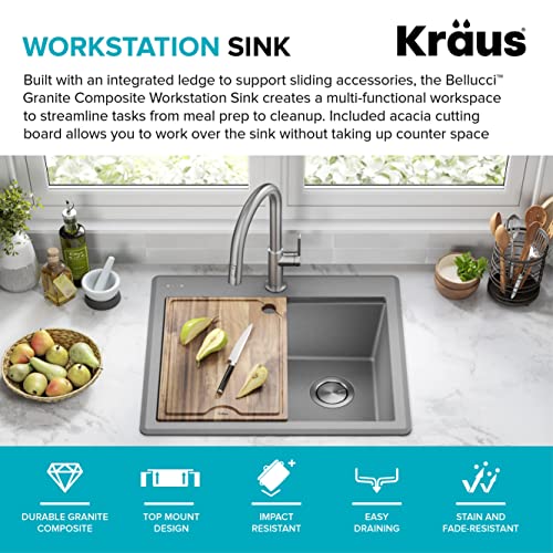 Bellucci 25 inch Granite Workstation Drop In Top Mount Single Bowl Kitchen Sink in Metallic Grey with Accessories