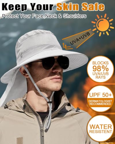 Outdoor Sun Hats with Stowable Neck Flap for Men Women UPF 50+ Mesh Summer Bucket Hat Wide Brim for Fishing Safari Hiking Light Grey