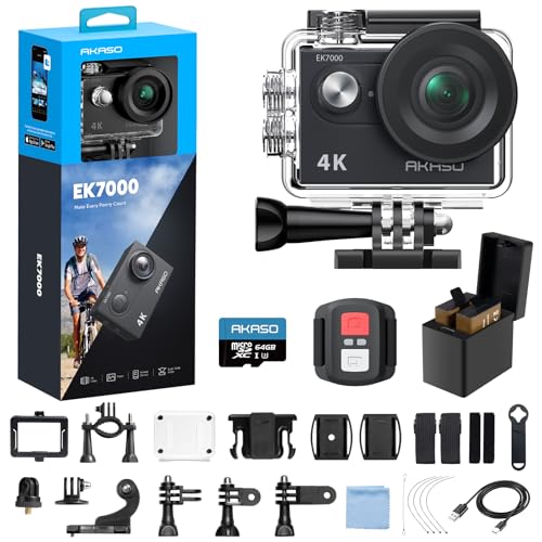 EK7000 4K30fps Action Camera with 64GB MicroSDXC U3 Memory Card Accessories Kit Bundle Ultra HD 131FT Waterproof Underwater Camera EIS WiFi Remote Control 4X Zoom