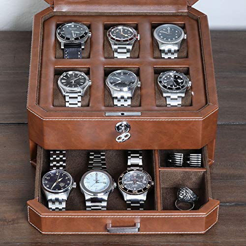 6 Slot Leather Watch Box with Valet Drawer