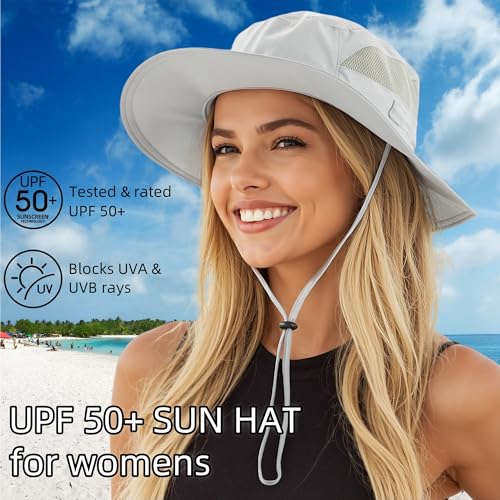 Womens Sun Hat Outdoor Wide Brim Boonie Sun Hat Summer Beach Hats UV Protection Fishing Safari Cap Light Grey