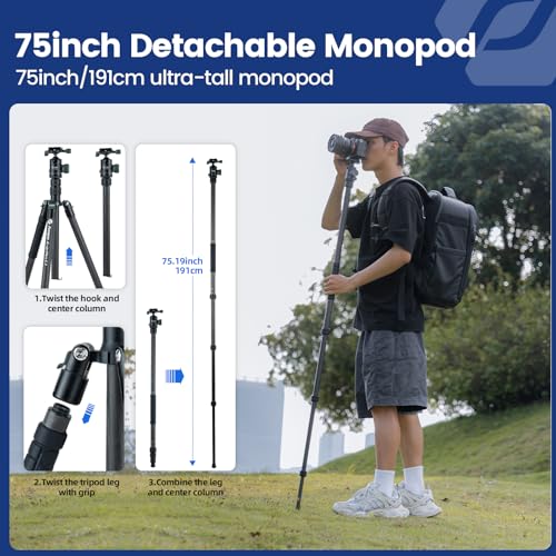 73" 185cm Carbon Fiber Travel Tripod for Camera