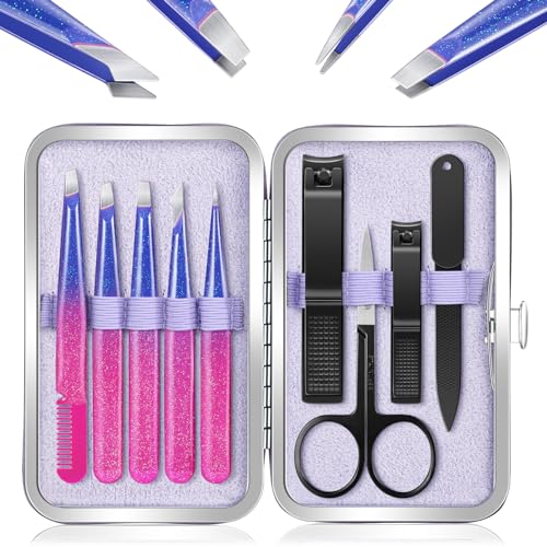 Tweezers Set 9 Pcs Nail Clipper Kit with Case for Eyebrows Grooming (9 Count)