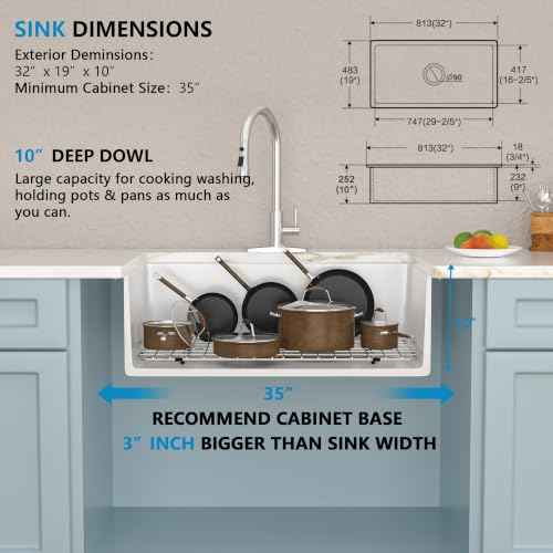 32"x19" White Undermount Kitchen Sink