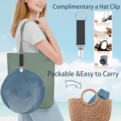 Womens Sun Hats Wide Brim Reversible Bucket Cotton Hat Packable Summer Travel Cap with Hat Clip