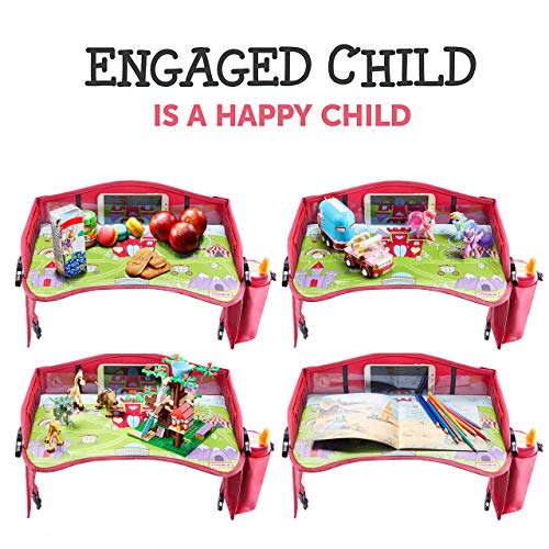 2-in-1 Kids Toddler Travel Tray & Back Seat Organizer — Foldable Waterproof Car Tray with Tablet Holder, Cup Holder, Storage Pockets for Road Trips & Airplane (Premium Red)