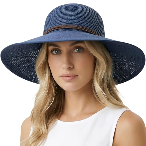 Womens Sun Straw Hat Bowknot Hat Summer Wide Brim Bucket Hats Foldable Beach Sun Hats Roll up UPF 50+