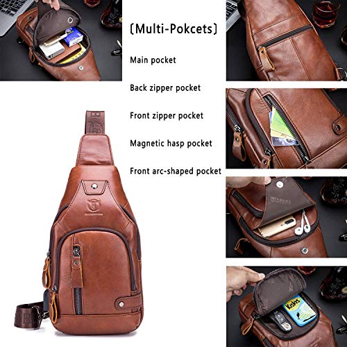 Leather Sling Bag Mens Chest Bag Casual Shoulder Crossbody Bags Travel Hiking Backpacks Daypack with USB Charging Port