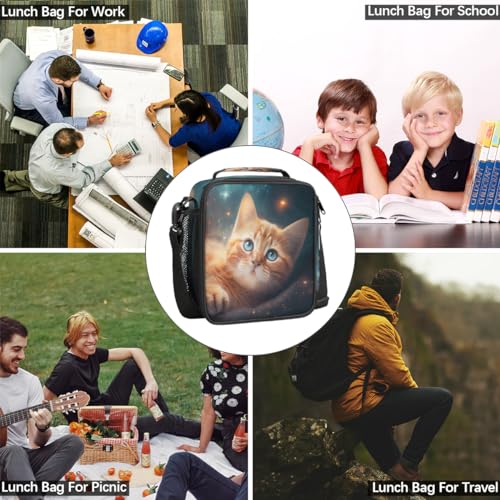 Galaxy Cute Cat Lunch Bag Box for Kids Boys Girls Space Cat Kitten Insulated Lunch Tote Bag with Adjustable Shoulder Strap Reusable Waterproof Thermal Cooler Bag for School Work Picnic Women Men (A04:Galaxy Cute Cat)