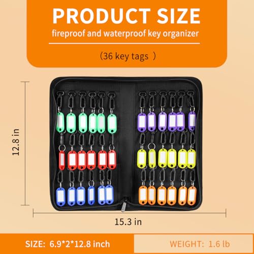 Zippered Key Organizer Case Waterproof and Fireproof Key Binder with 36 Hooks and Tags