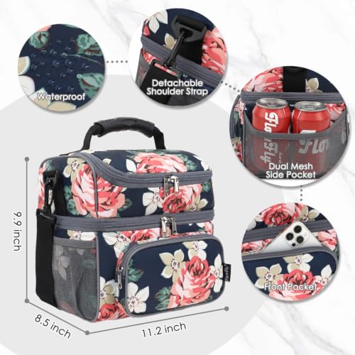 Double Layer Cooler Insulated Lunch Bag Adult Lunch Box Large Tote Bag for Men (Peony)
